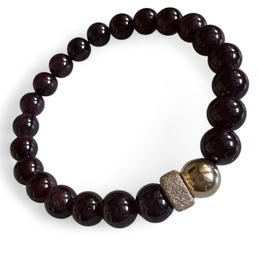 NEW Garnet 8mm Beaded Stretch Bracelet Deep Red Gold Stardust Spacer
